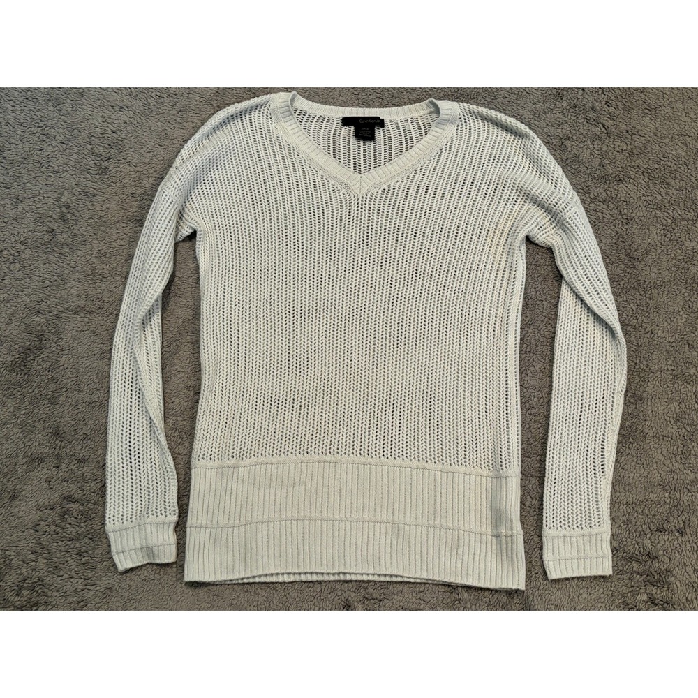 Calvin Klein Jeans Sweater Womens Small White Crochet Open Knit V-Neck Pullover